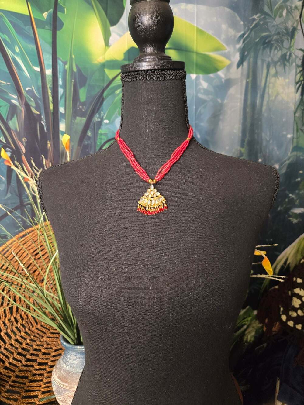 Indian Multi-Strand Red Seed Bead Necklace with Gold-Tone Kundan Pendant